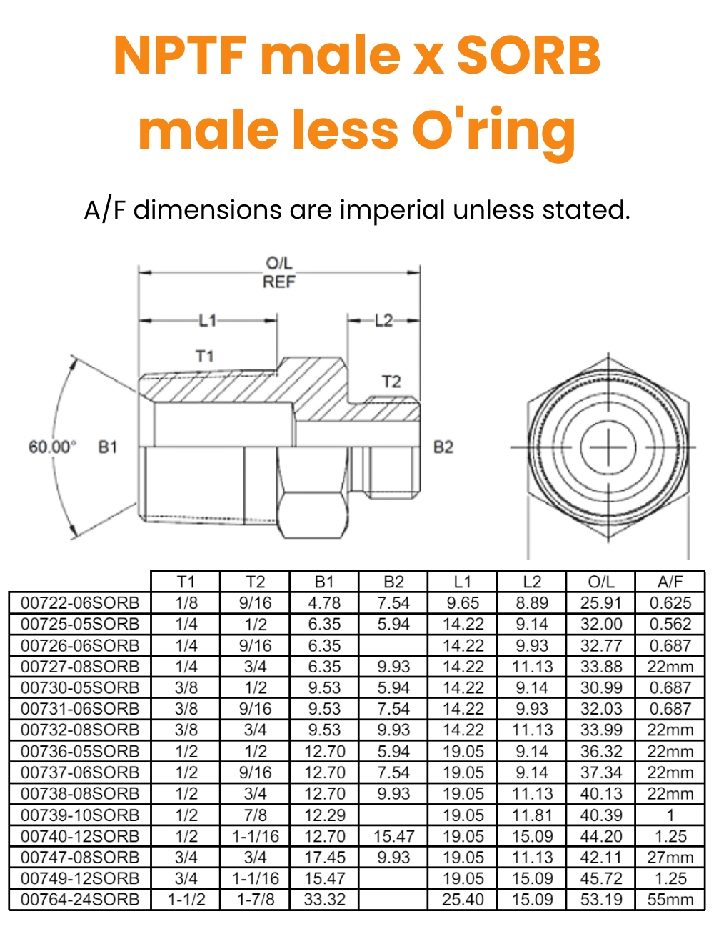 3/8 Npt x 1/2 SORB LESS ORING M/M Hydraulic Adaptor